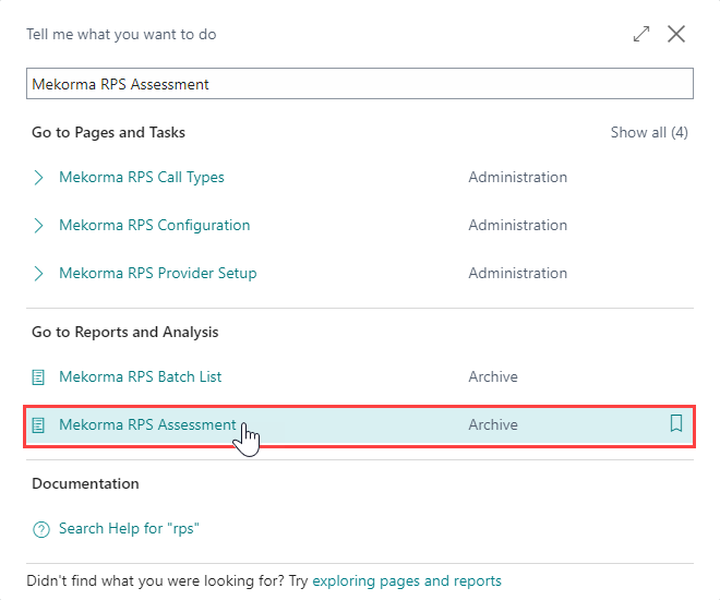 A screenshot of the Mekorma RPS Assessment in the Business Central search.