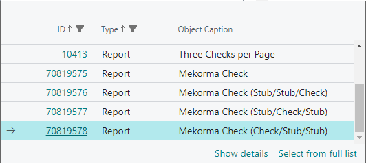 Screenshot of the check report selection screen.