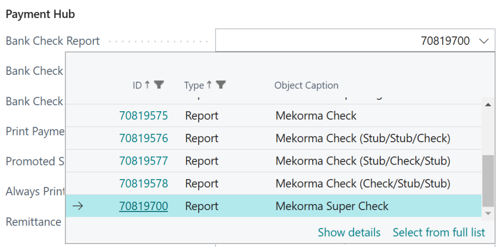 Screenshot of the Bank Check Report selection window.