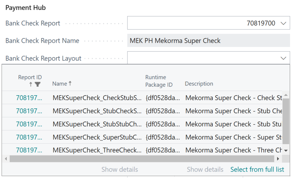 Screenshot of the Bank Check Report Layout selection window.