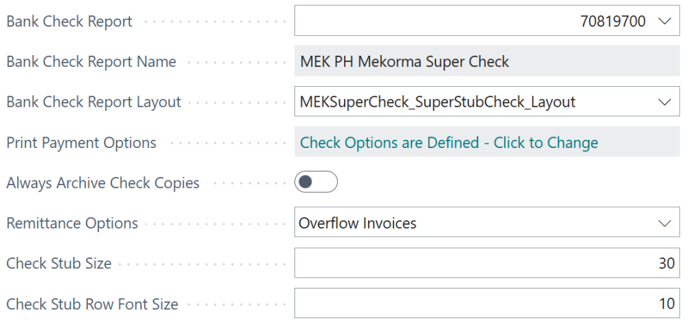 Screenshot of the check report options in the bank account card.