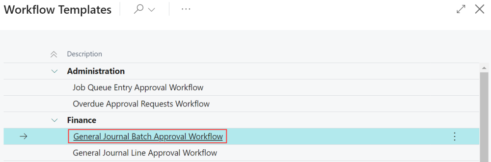 Screenshot of selecting the General Journal Batch Approval Workflow.