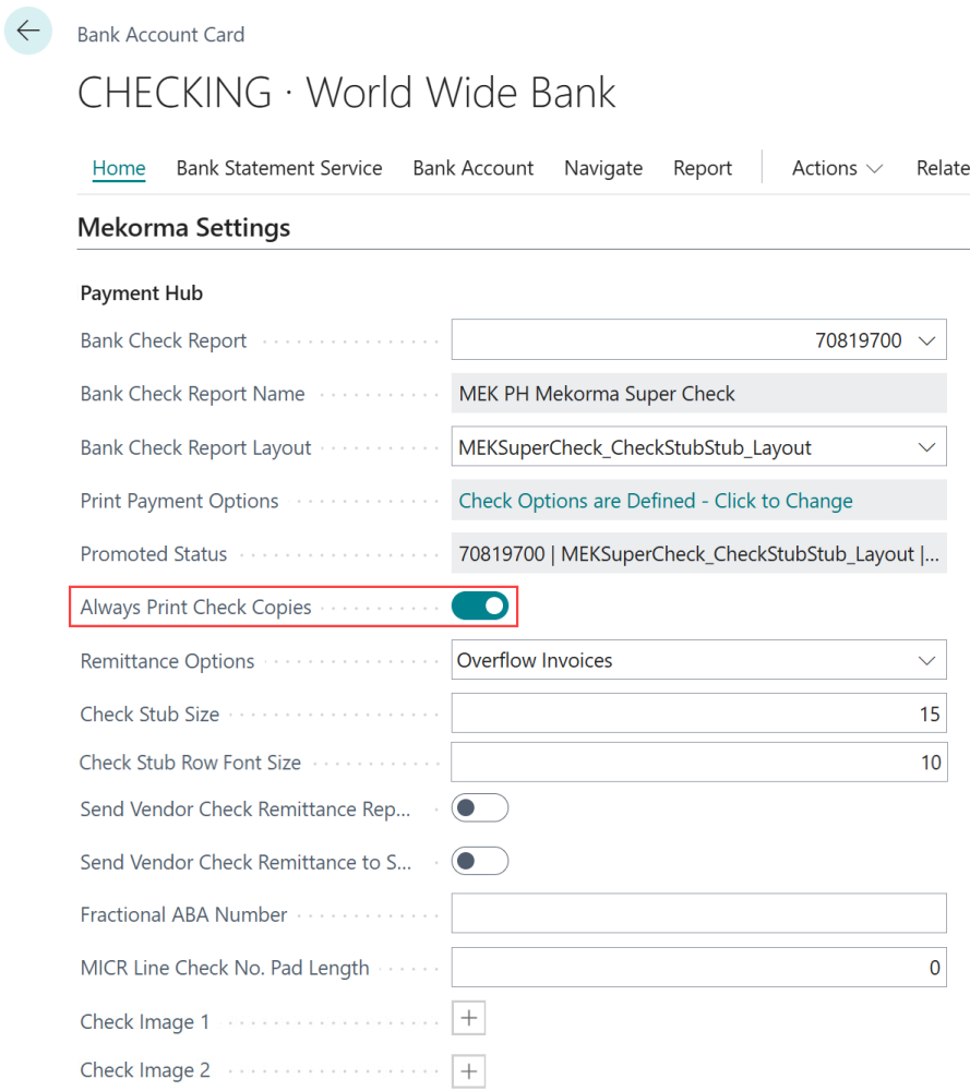Enable check copies from the Mekorma Settings of a bank account. Screenshot of the bank account card > Mekorma Settings showing check copies enabled.