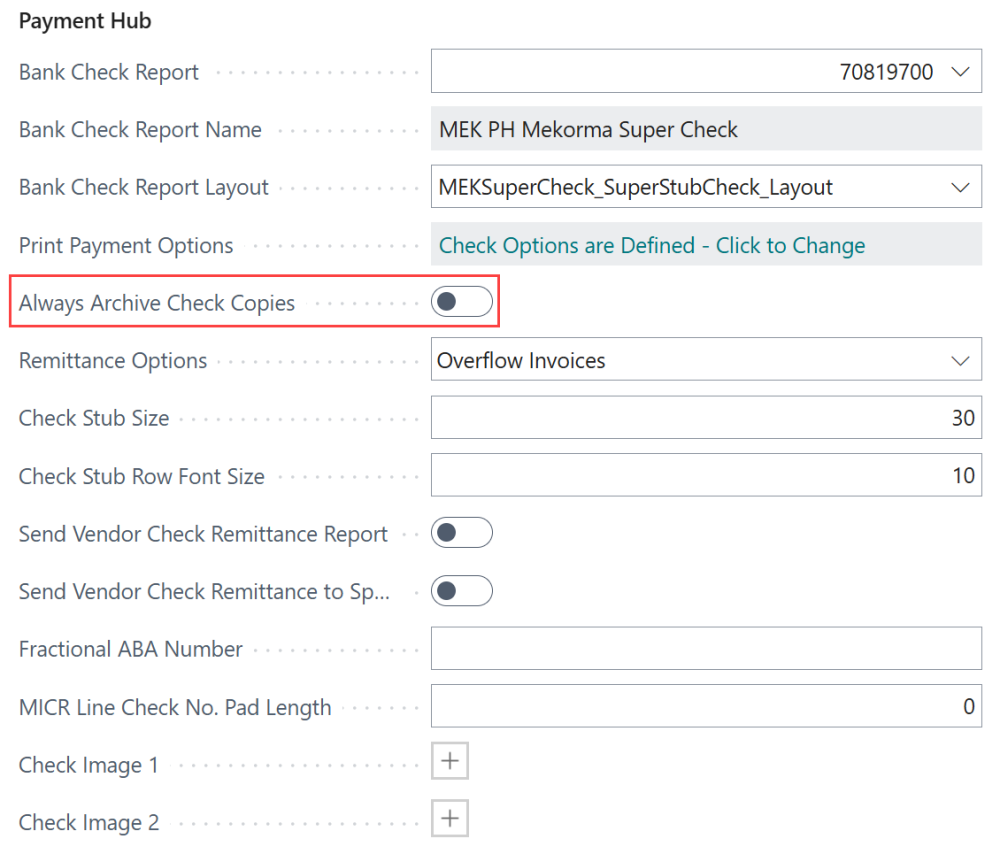 Screenshot of check copies enabled in the Mekorma Settings of a bank account.