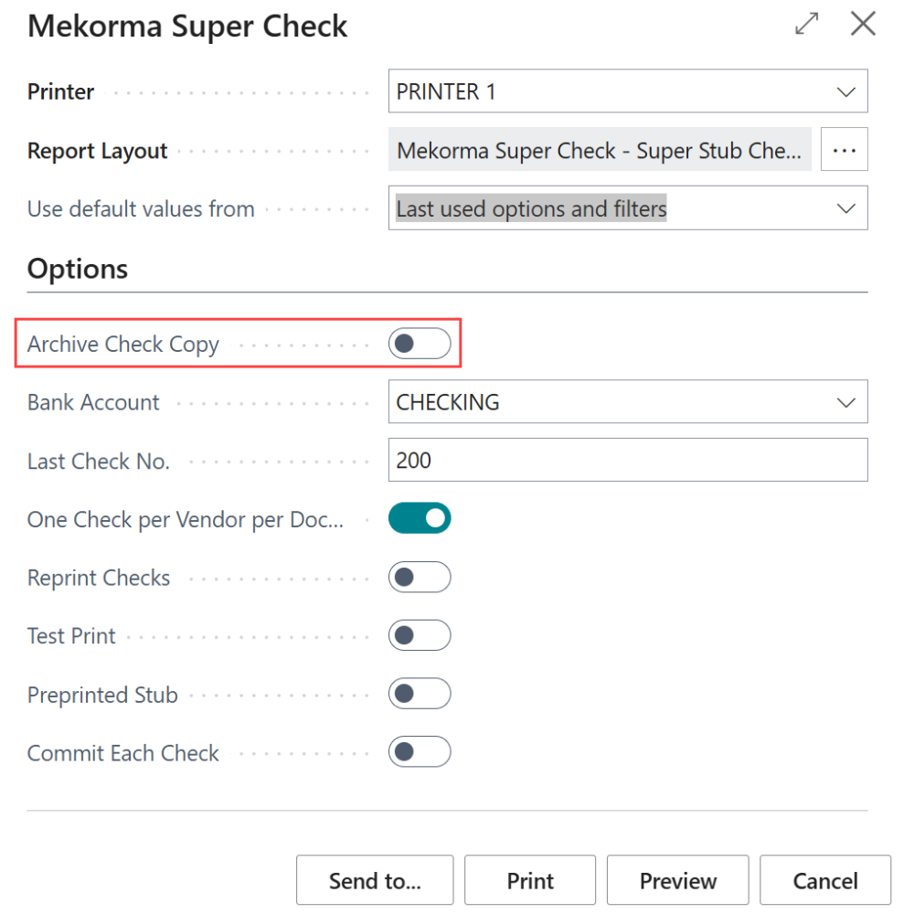 Screenshot of the Check Parameters menu with the Archive Check Copy option.