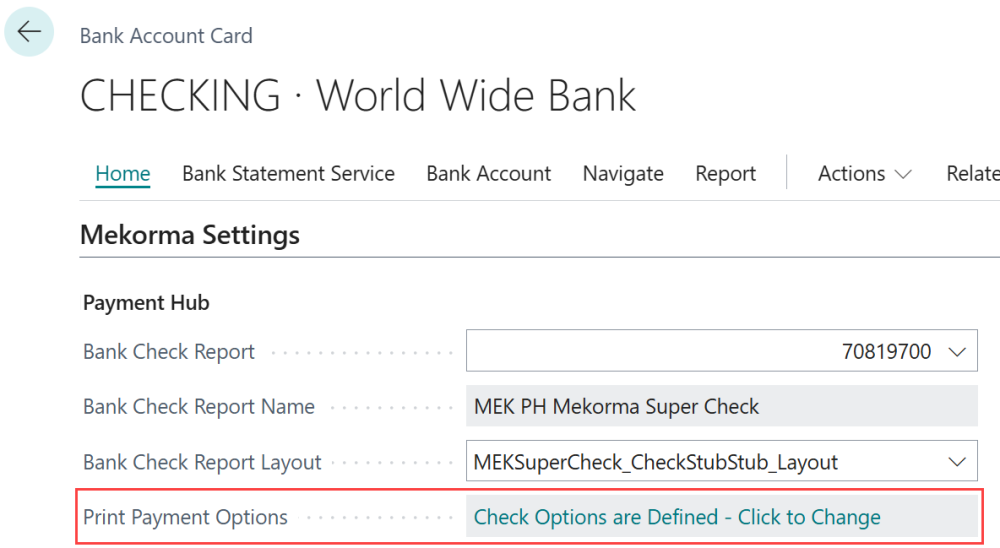 Screenshot of the Print Payment Options field in the bank account card.