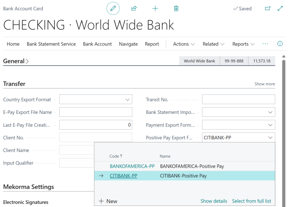 Screenshot of selecting a Positive Pay Export File in the bank account card.