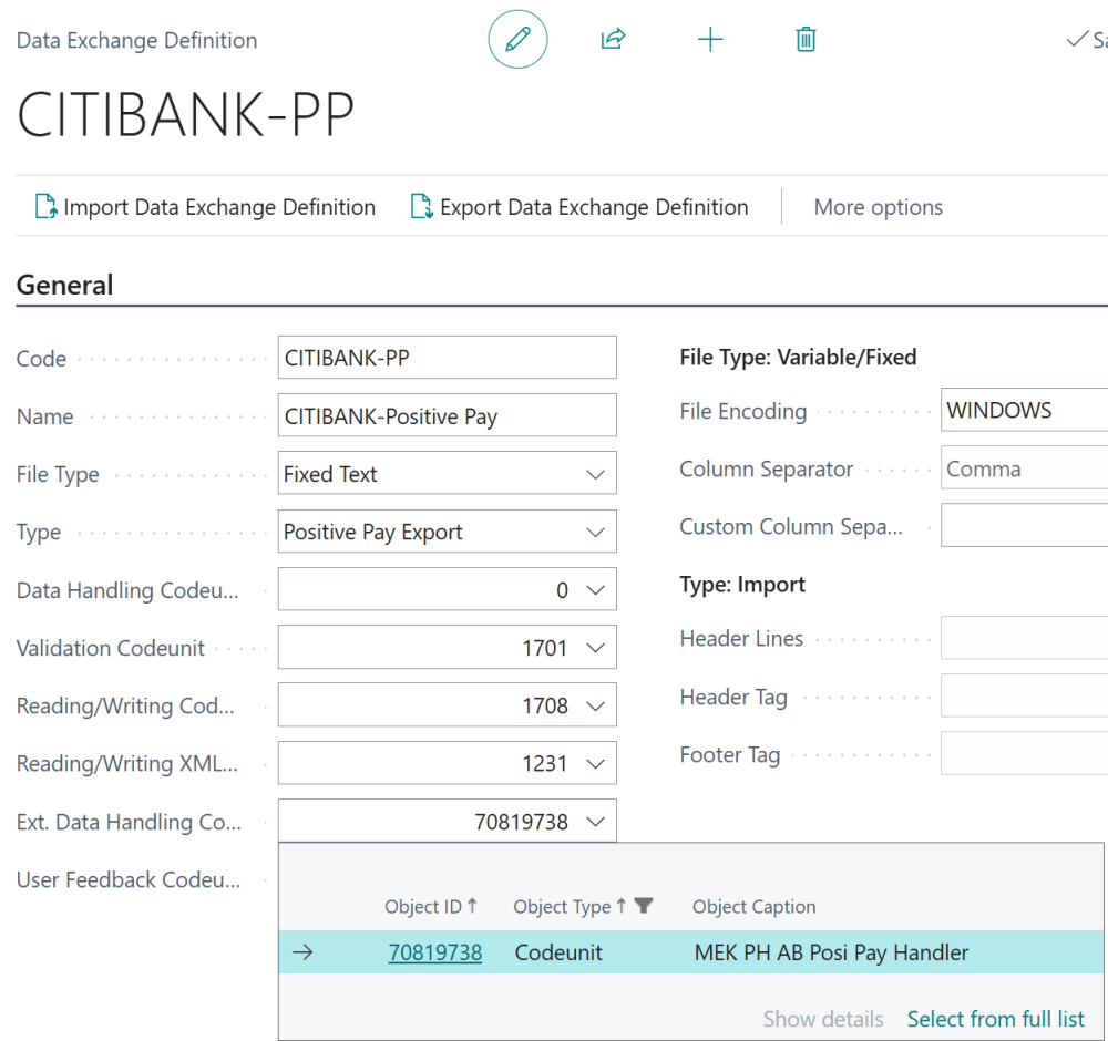 Screenshot showing the Mekorma codeunit (70819738) in the Ext. Data Handling Codeunit field in the Data Exchange Definition page.