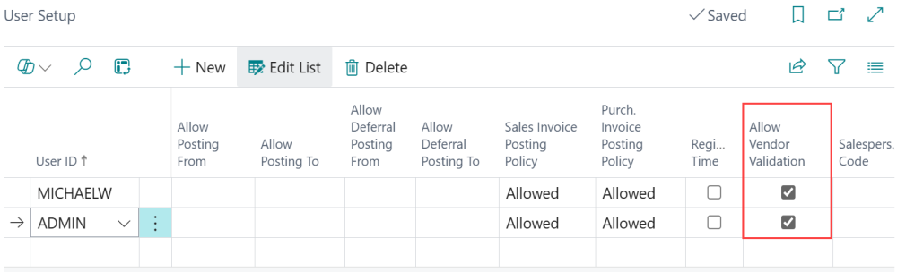 Screenshot showing users who are enabled for using Vendor Validation.