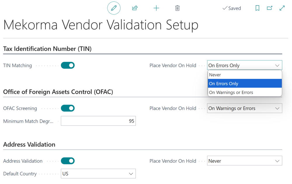 Screenshot of the Validation Setup page showing the options for when to place a vendor on hold.