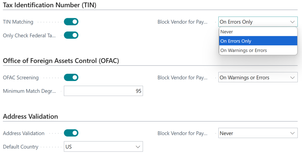 Screenshot showing the user setup for Vendor Validation.