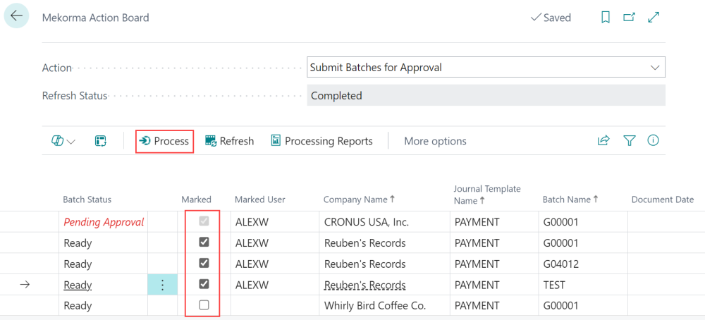 Screenshot of various batches in different states of approval.