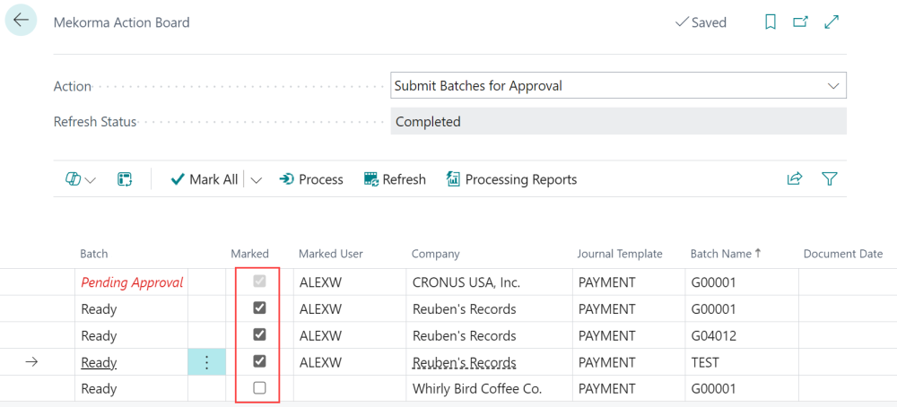 Screenshot that shows batches that are: pending approval, ready for processing, and unselected.