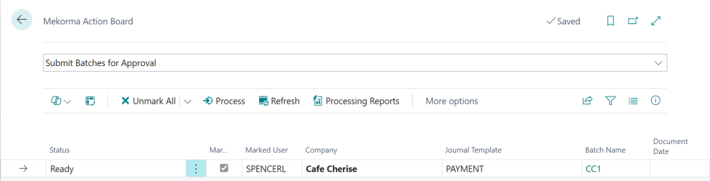 Batches with a status of Ready are available to submit for approval. Screenshot that shows a batch that is ready to submit for workflow approval.