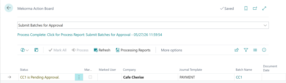 After being submitted for approval, the status changes to reflect that the batch is pending approval. Screenshot of a batch that has been submitted and awaiting for approval.