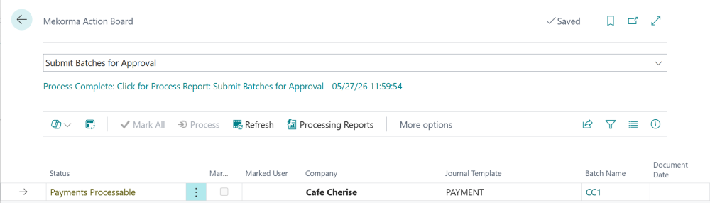 After being approved, the status changes to reflect that the batch is now processable. Screenshot of a batch that has been submitted and now received approval.