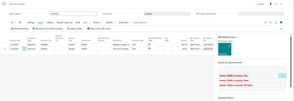 Select an RPS-enabled journal template to create remote payments. Screenshot showing an RPS-enabled payment journal. The right side shows any pre-validation issues.