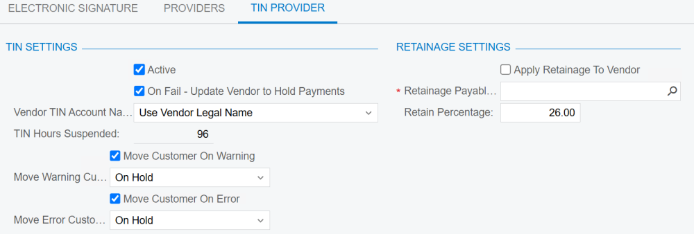 Configurations for the TIN Provider The configurations section for the TIN Provider.