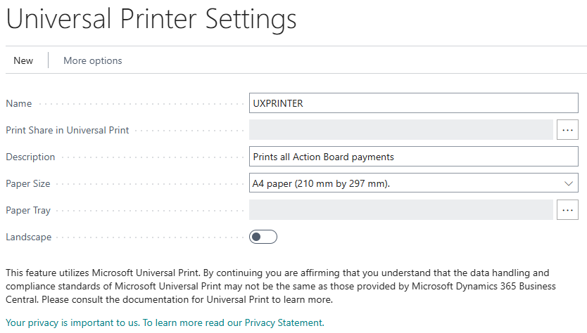 Screenshot of the setup window for Universal Print.