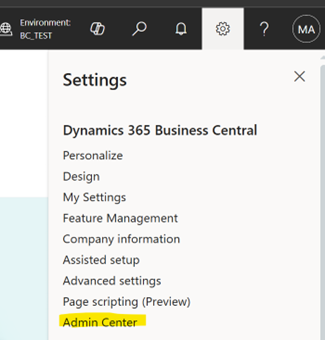 Screenshot of Admin Center.