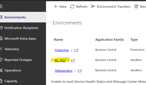 Screenshot showing clicking on the environment to update.