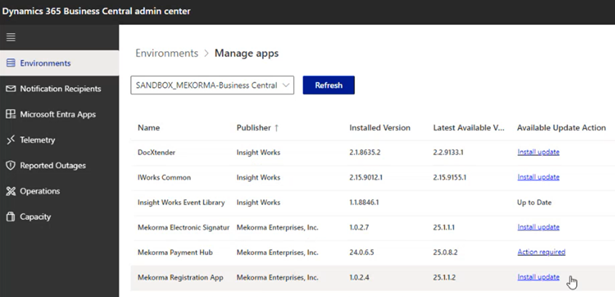 Screenshot showing the list of apps in your environment.
