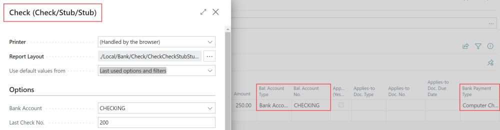 Screenshot showing the check report changed based on the selected bank account.