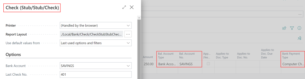 Screenshot showing the check report changed based on the selected bank account.