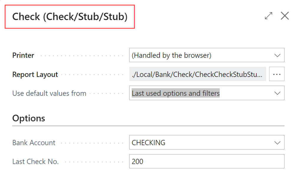 Notice how the check report changes depending which bank account is set Screenshot showing the check report changed based on the selected bank account.