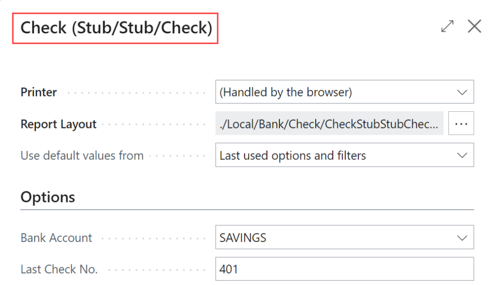 Notice how the check report changes depending which bank account is set Screenshot showing the check report changed based on the selected bank account.