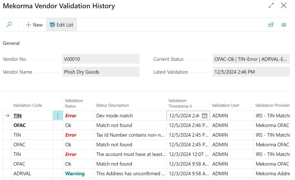 Screenshot of the Vendor Validation History page.