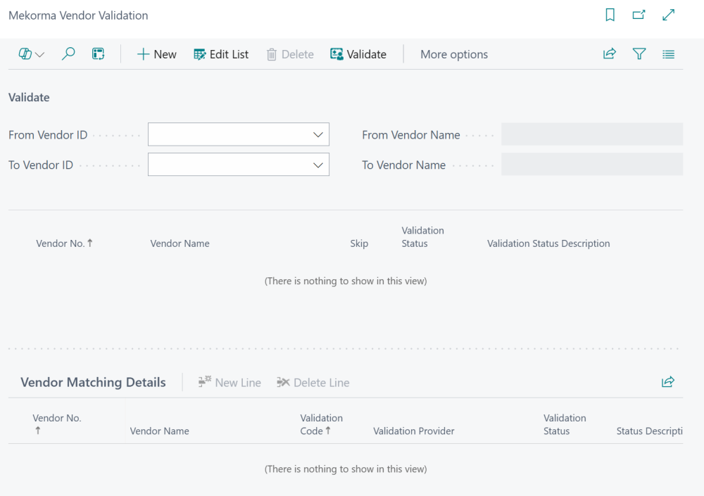 Open the Mekorma Vendor Validation page. Open the Mekorma Vendor Validation page.