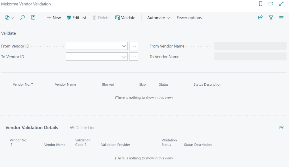 Screenshot of an empty Mekorma Vendor Validation page, ready to select vendors for validation.