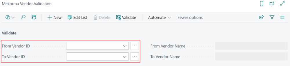 Screenshot of the From Vendor ID and To Vendor ID fields.
