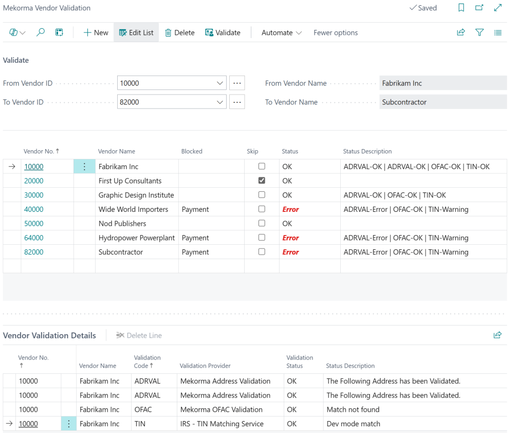 Screenshot of a successful validation; includes the vendor results along with the Vendor Validation Details as well.
