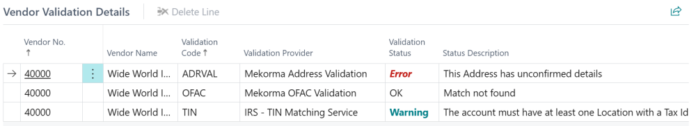 Screenshot of the Vendor Validation Details.