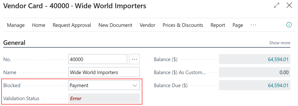 Screenshot of the vendor card showing the results of a validation.