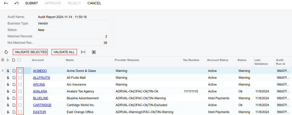 The validation audit menu ready for bulk validation The validation audit menu ready for bulk validation
