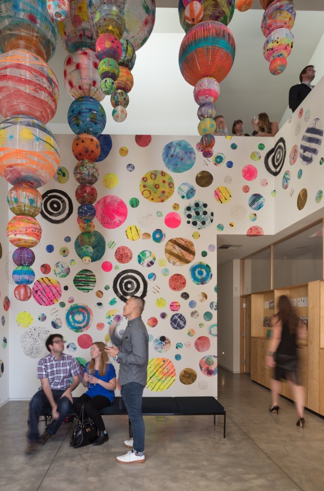 Art installation accessible to the public at JW Architects, Seattle, Washington. Image © Lara Swimmer, Artwork © Liz Tran.