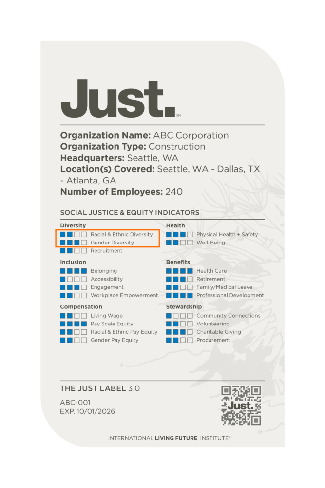 Figure 18-1 Sample Just Label. This sample Just label identifies the social justice measures met by a company in pursuing Just 3.0 and the level achieved. The two diversity indicators that can be used to comply with the requirements of this Imperative are highlighted.