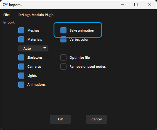 Import options in the 3D scene, focus on Bake animation option Import options in the 3D scene, focus on Bake animation option