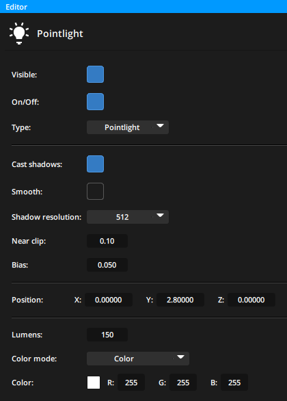 3D lights properties in the Editor panel 3D lights properties in the Editor panel