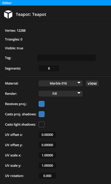 Parameters for a teapot prefab in Editor panel Parameters for a teapot prefab in Editor panel
