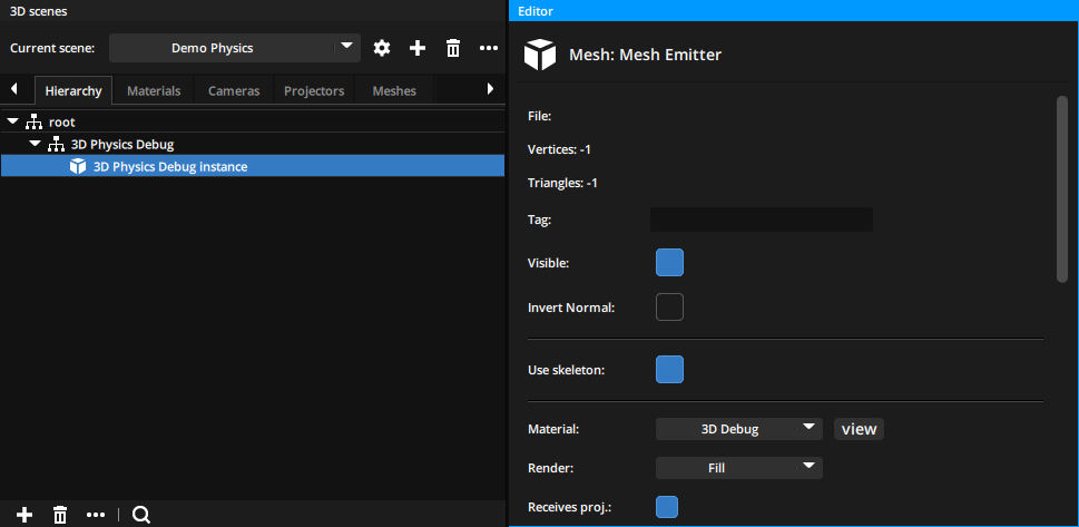 Mesh Emitter with 3D Debug material applied for 3D Physics Mesh Emitter with 3D Debug material applied for 3D Physics