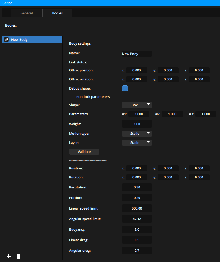 Creating a new body in the 3D Physics node Creating a new body in the 3D Physics node