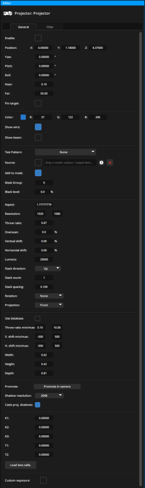 Parameters for projector in Editor panel Parameters for projector in Editor panel