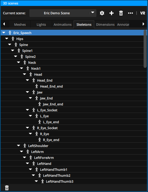 Skeletons tab in the 3D Scene Skeletons tab in the 3D Scene