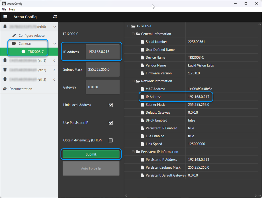 Setting IP address in ArenaConfig. Setting IP address in ArenaConfig.