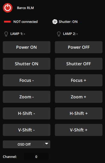 Manual controls of the Barco RLM device in the Editor panel. Manual controls of the Barco RLM device in the Editor panel.