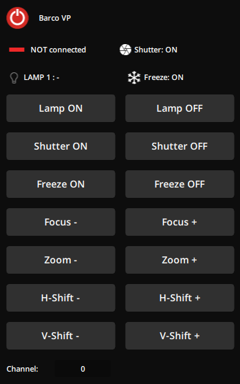 Manual controls of the Barco VP device in the Editor panel. Manual controls of the Barco VP device in the Editor panel.